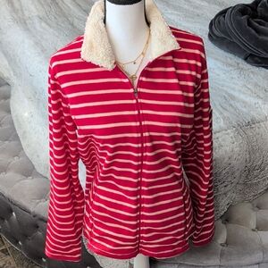 L.L. Bean Red and Cream Striped Teddy Jacket